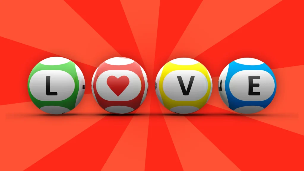 Four white and variously colored balls are lined up on a red background, showing the word “LOVE,” with the ‘O’ as a heart.