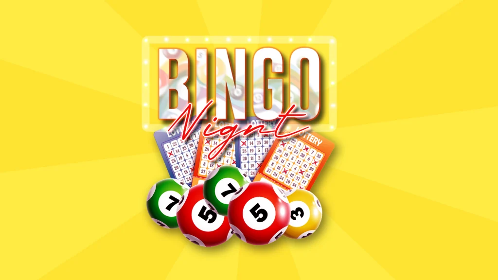 The word “BINGO” is displayed in transparent white block letters in the center of a bright yellow image. Below are four bingo cards and five bingo balls. 