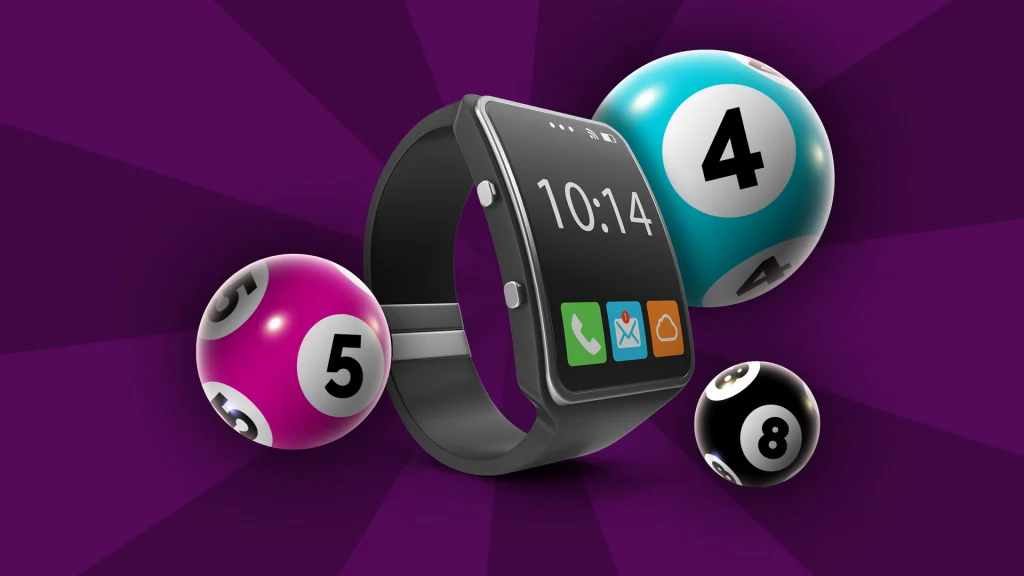 A watch showing the time “10:14” is displayed in the center of a dark purple image, with three colored bingo balls surrounding it. 