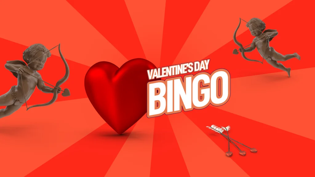 On a dark red background, a heart is to the left of white text that says, “Valentine’s Day Bingo.” Two Cupid statues point their bow and arrows at these, and three stray arrows lay to the bottom right.