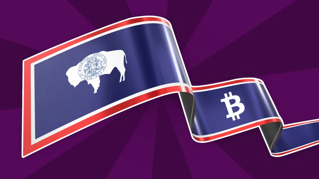 On a dark purple image, a blue flag with a red and white border flows through the center with a white bison and the Bitcoin logo. 