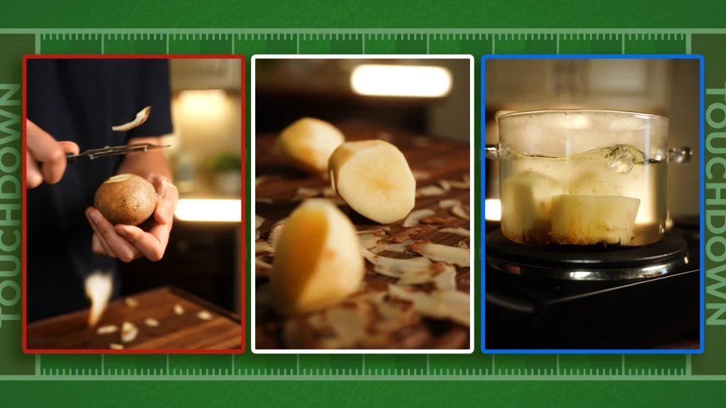 3 photos placed on a background of a football field show the process of peeling, chopping and boiling potatoes