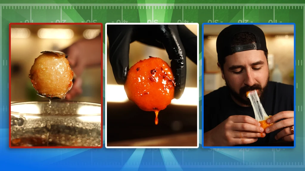 3 photos super imposed on an image of a football field show frying the mozzarella bite, dipping it in hot sauce, and Jason Ortynski eating the bite