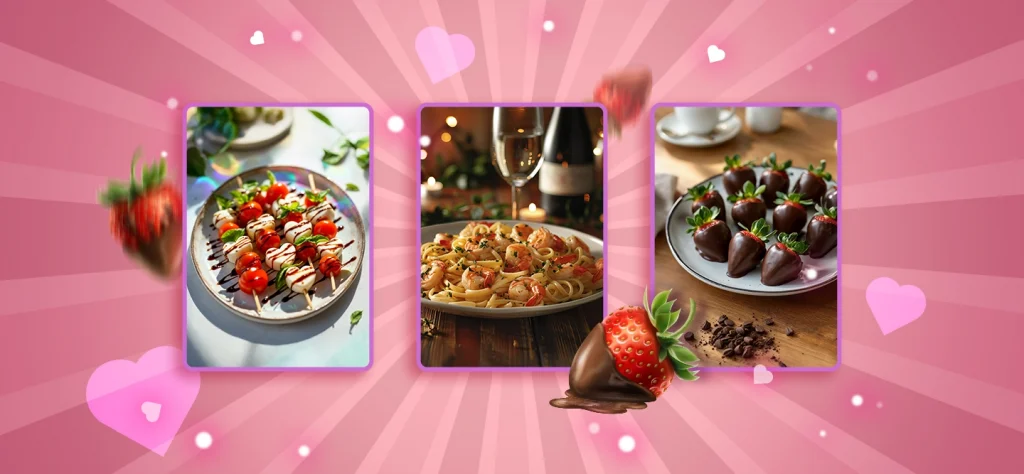 3 images on a pink background show a caprese salas starter, shrimp pasta and chocolate covered strawberries