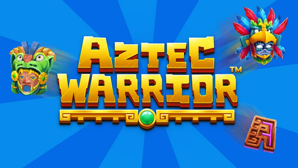 The game name, “Aztec Warrior,” is displayed in the center of a blue image, and symbols of Aztec masks and one stone letter surround it. 