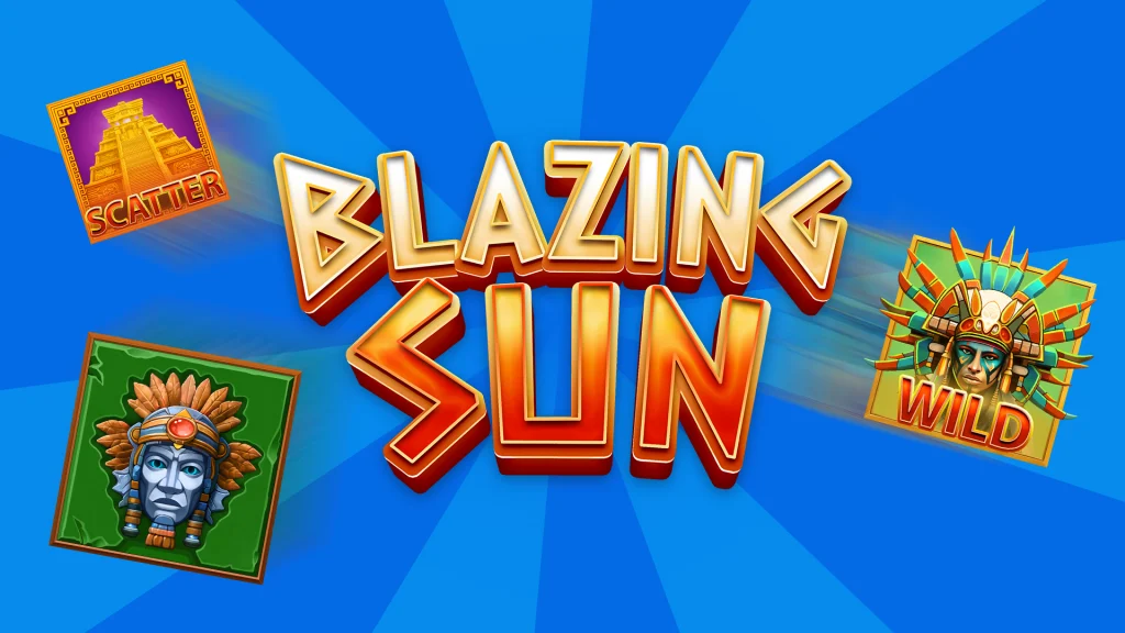 The text, “Blazing Sun,” is in the center of a blue image and three Aztec symbols are on the right and left. 