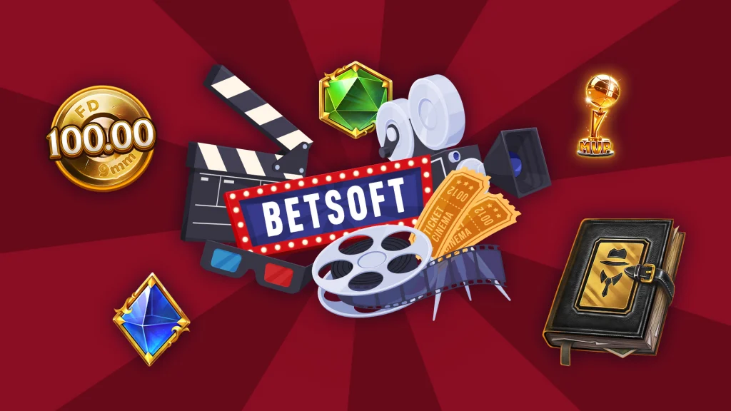 A movie reel, director’s board, gems, and gold movie tickets are displayed in the center with a marquee sign saying “Betsoft.” Surrounding it are various slot symbols and everything is on a dark red background.