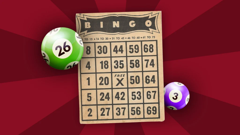 In the center of a dark red image, there’s an old-school bingo card. To the upper left is a green ‘26’ ball, and to the bottom right is a purple ‘3’ ball. 