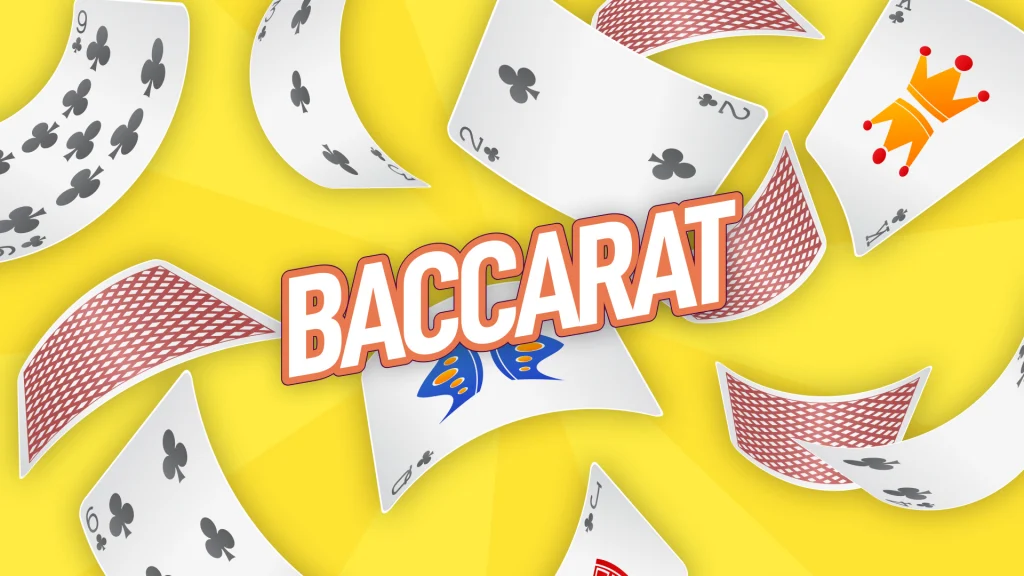 A bright yellow image shows the text “Baccarat” amidst a flurry of floating playing cards.