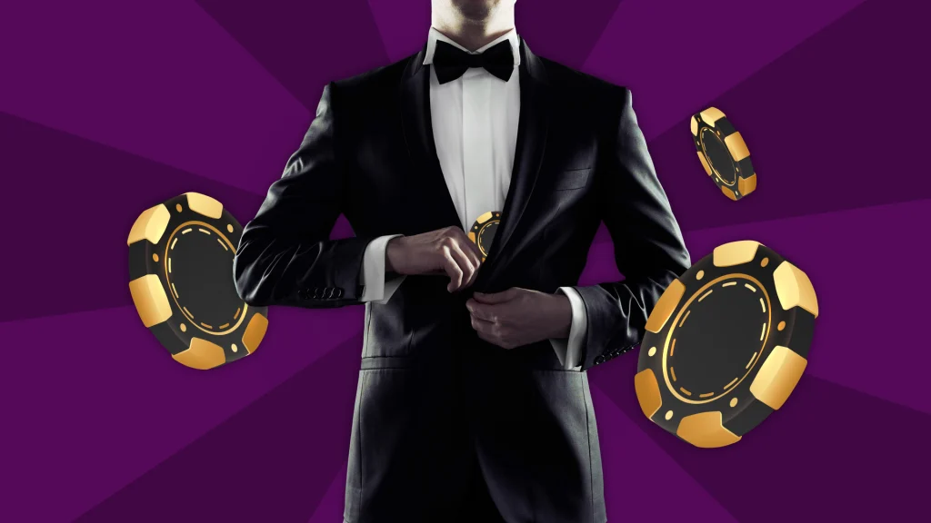 A man in a tux tucks a betting chip into his breast pocket while three betting chips surround him on a dark purple background.