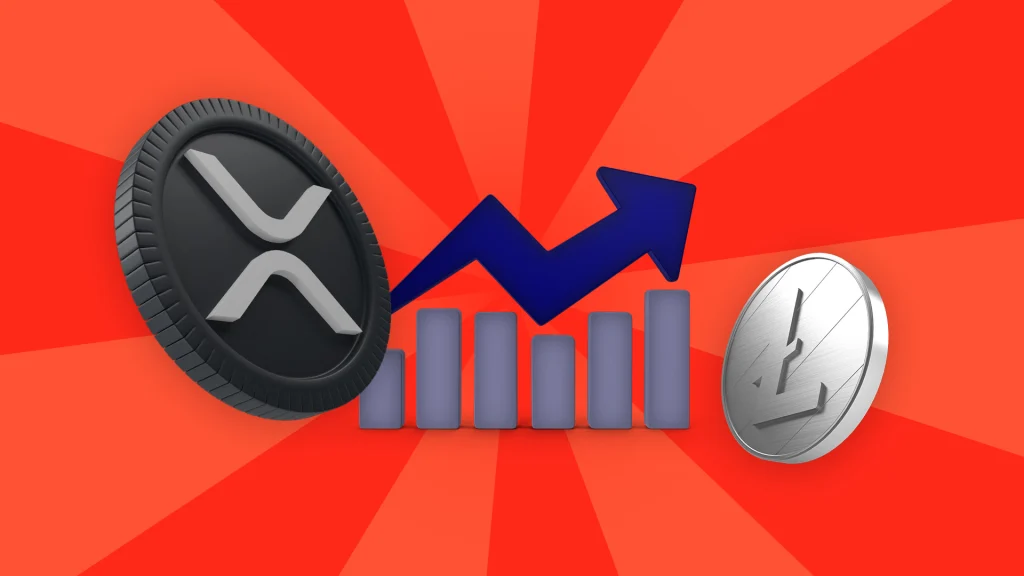 A black coin with the XRP symbol is displayed on the left of a rising graph, and on the right side is a silver Litecoin. It’s all on a bright red background. 