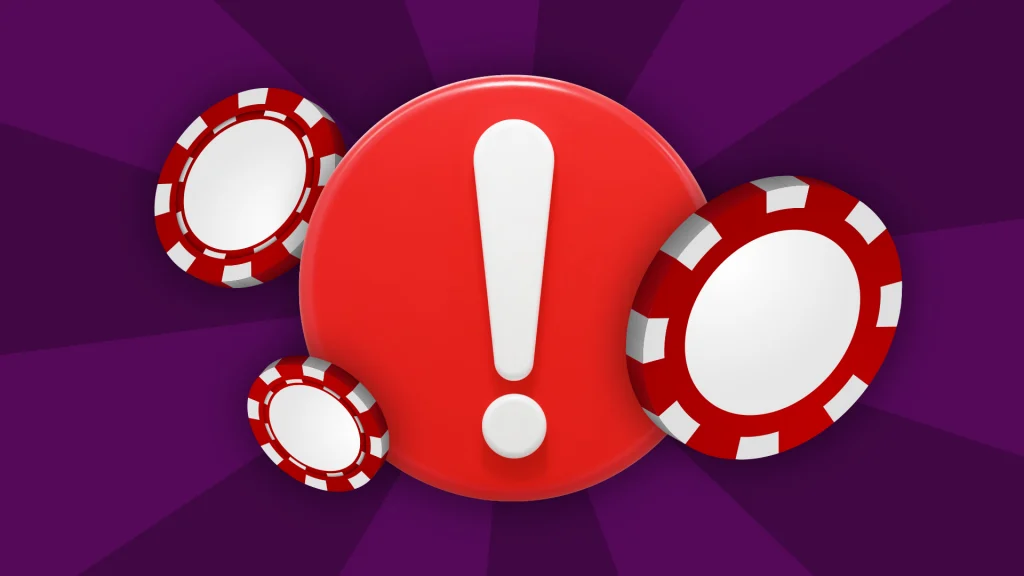 In the center of a purple image, there’s a red circle with a white exclamation point, and three red and white betting chips. 