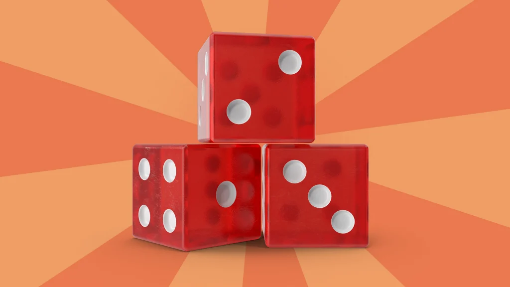 Three red and white dice are stacked in the center of a peach background. 