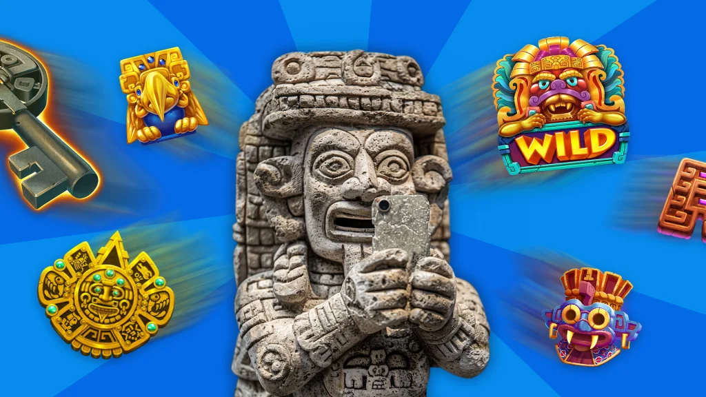 An ancient Aztec statue stands in the center of a blue image, holding a mobile phone, surrounded by smaller stone symbols representing Aztec history.