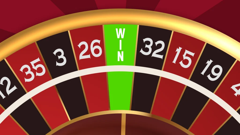 “Win” is displayed in bright green amongst the red and white numbered pockets of a roulette wheel, all displayed on a dark red background. 