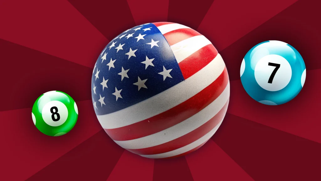 A large bingo ball with an image of the American flag is front and center, and on the left is a green bingo ‘8’ ball, and on the right is a light blue bingo ‘7’ ball. 