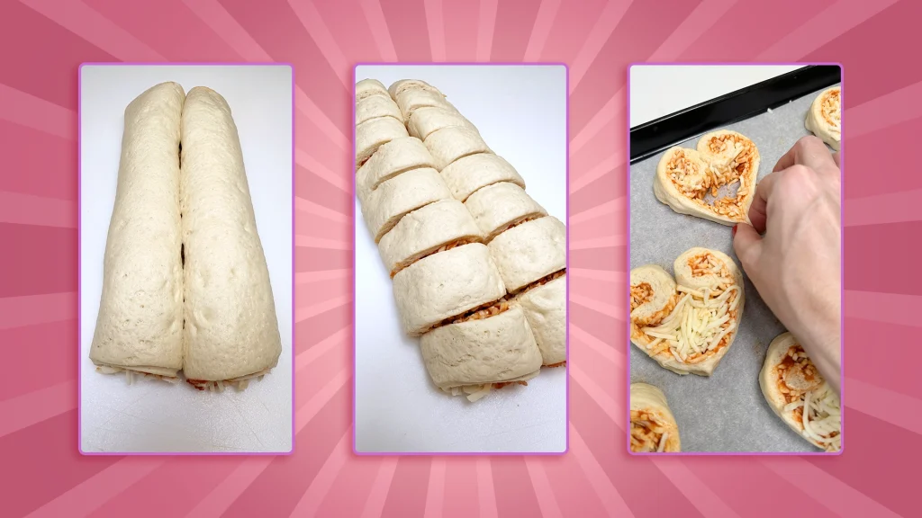 3 images on a pink background show: the dough being rolled up, sliced and placed on a baking sheet