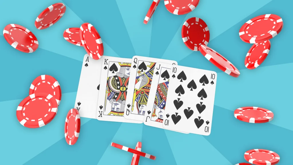 Red poker chips float around five playing cards, showing a royal flush laid out over a teal background