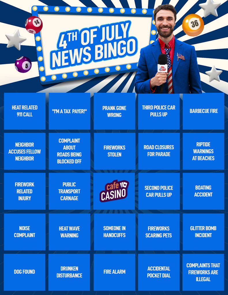 A 5x5 bingo card with a new presenter and the title 4th of July News bingo
