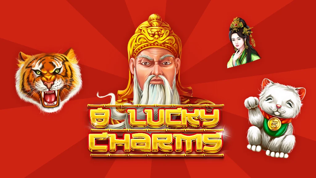 A wise sage with a white beard is poised above gold text that says, “8 Lucky Charms,” and symbols of a tiger, geisha, and a maneki-neko surround them on a bright red background. 