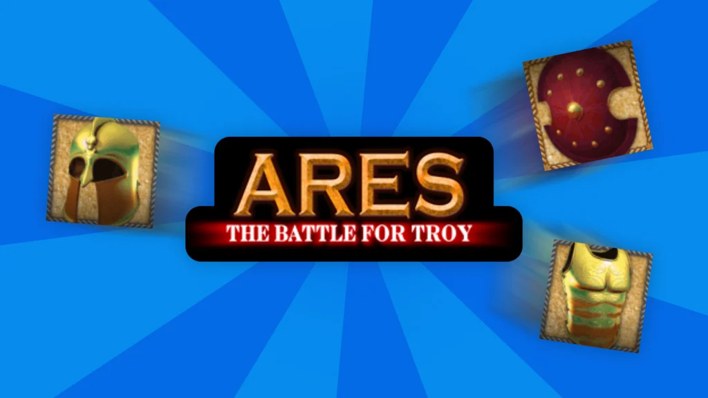 On a blue background, a black section says, “Ares: The Battle For Troy.” Symbols of a helmet, armor, and shield are on either side.