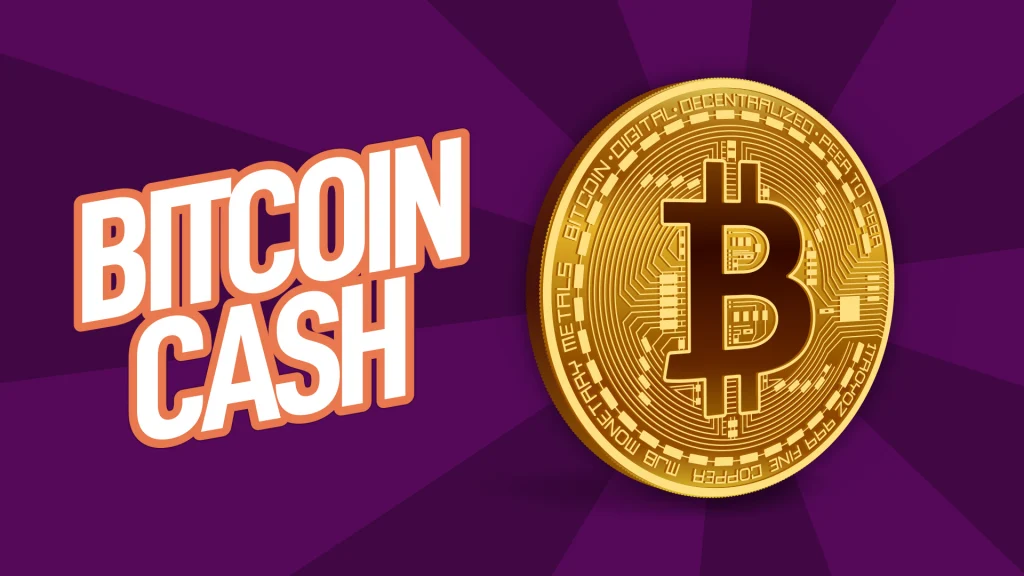 With a dark purple background, a gold Bitcoin is situated to the right of text that says, “Bitcoin Cash.”