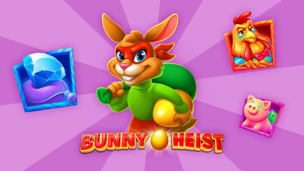 Cartoon bunny in a green outfit holding a golden egg with title Bunny Heist, surrounded by icons of a jewel, chicken, and piggy bank on a purple background