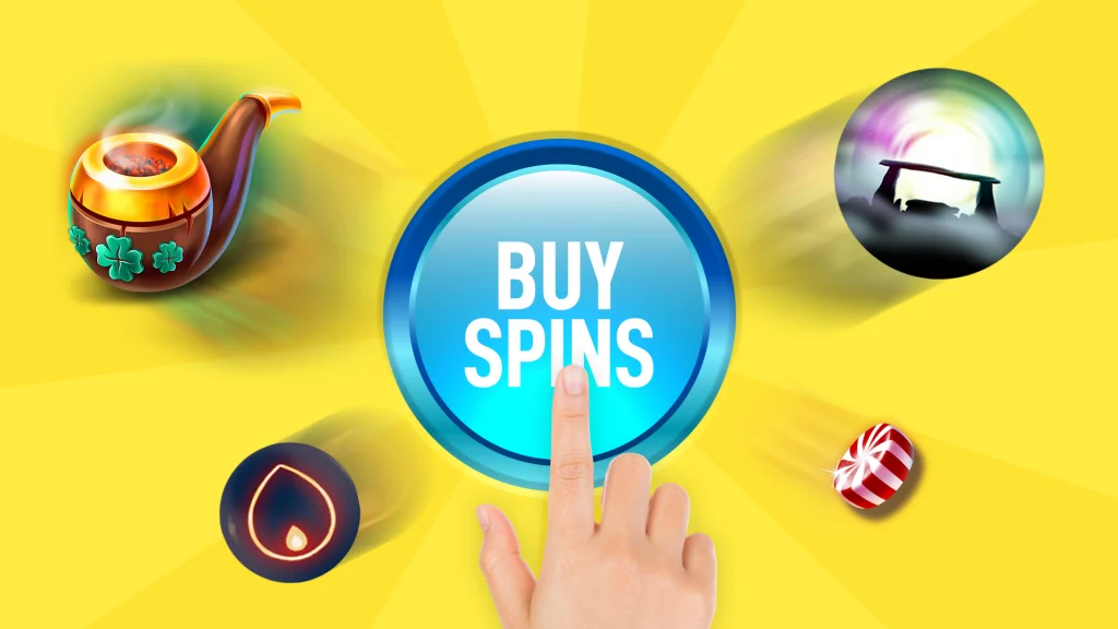 On a bright yellow background, a hand points to a blue button saying “Buy Spins,’ with various slot symbols surrounding it. 