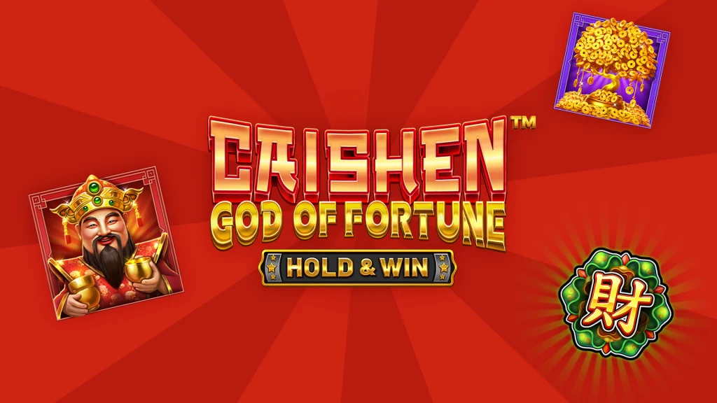 The words “Caishen God of Fortune Hold & Win” are in the center of a bright red image, and symbols of Caishen, a tree of gold coins, and a Chinese character are shown surrounding it