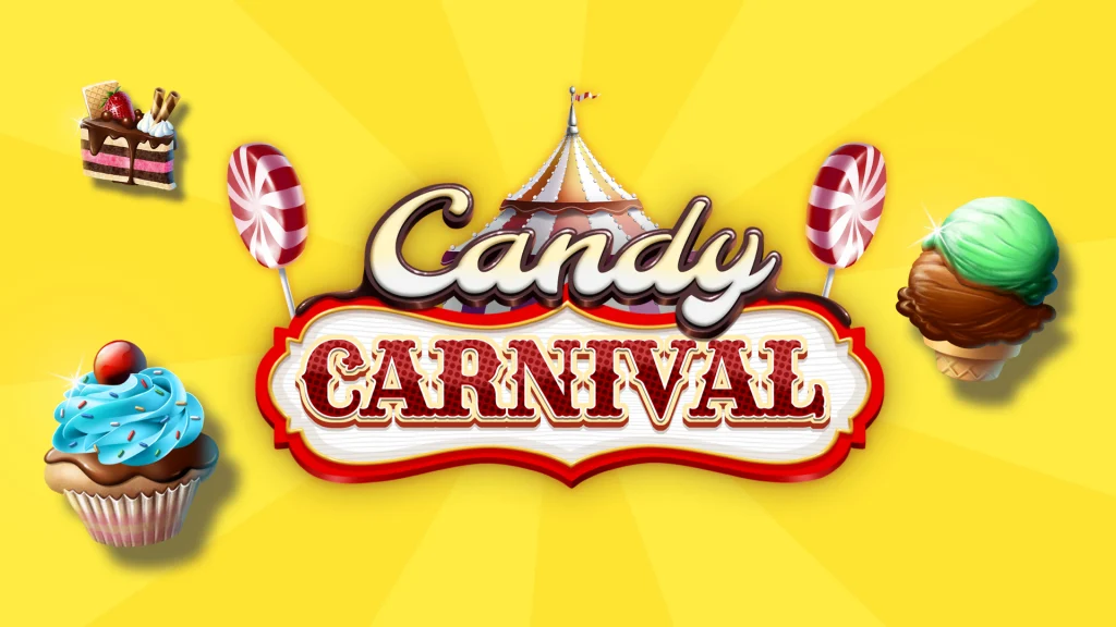A red and white carnival tent is shown in the center of a bright yellow image, with symbols of cupcakes, candies, and other sweets surrounding it. 