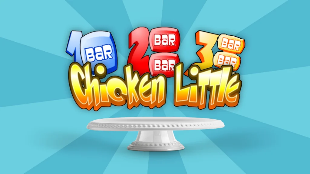 The text ‘Chicken Little’ is displayed on an open cake tray with blue, red, and yellow bar symbols above it. The whole thing is over a light blue background.