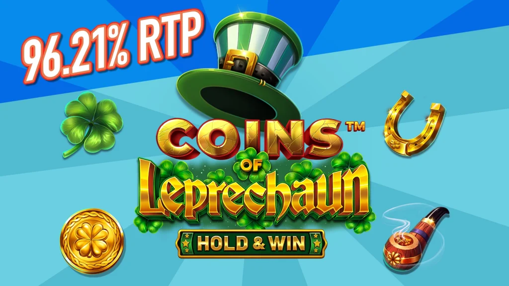 A green leprechaun hat is poised over gold text that says, ‘Coins of Leprechaun Hold & Win,’ and various symbols of Irish lore surround it. On the top right, white text reads, “96.21% RTP.”