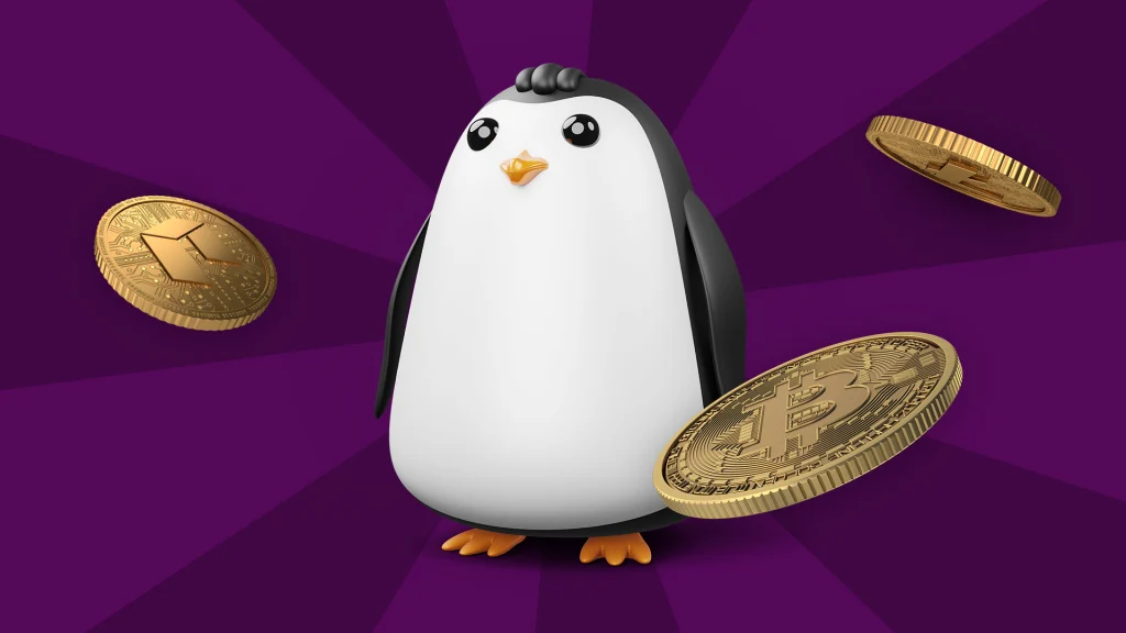 A 3D-rendered penguin stands on a vibrant purple background, surrounded by floating golden cryptocurrency coins, including Bitcoin.