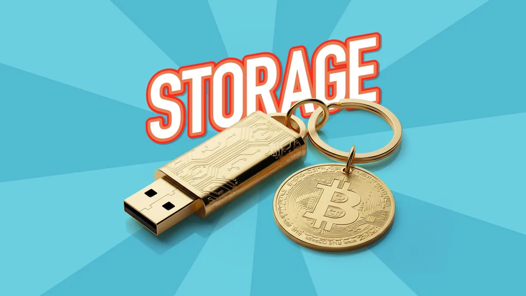 he word “Storage” is displayed in white and orange text above a gold USB drive and Bitcoin keychain. All of them are shown over a light blue background. 
