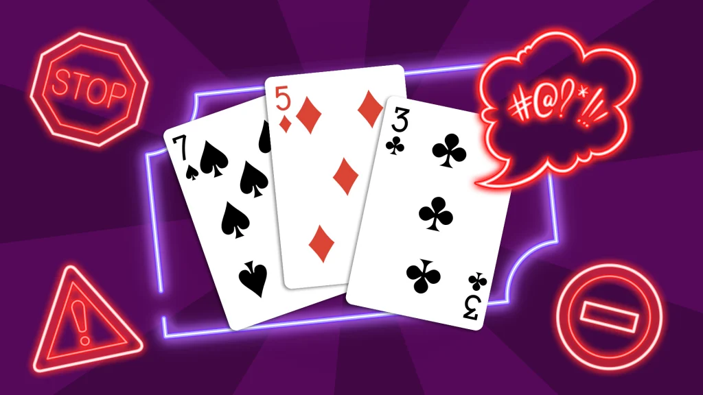 Symbols showing a stop sign, a caution sign, and various symbols implying frustration surround 7, 5, and 3 playing cards on a dark purple background. 