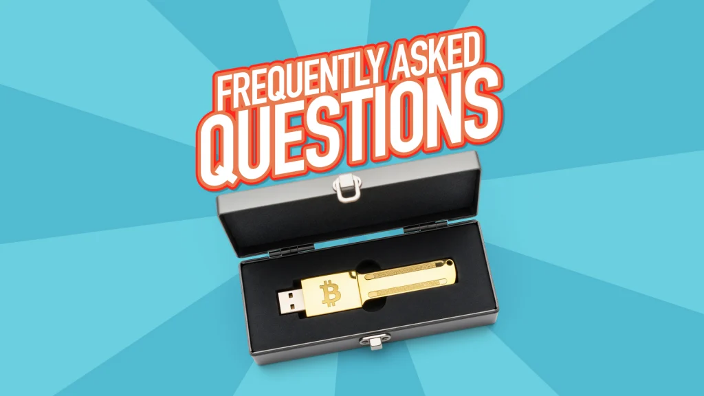 “Frequently Asked Questions” is shown in white and orange block letters above a silver case holding a USB drive with an engraved Bitcoin logo. 