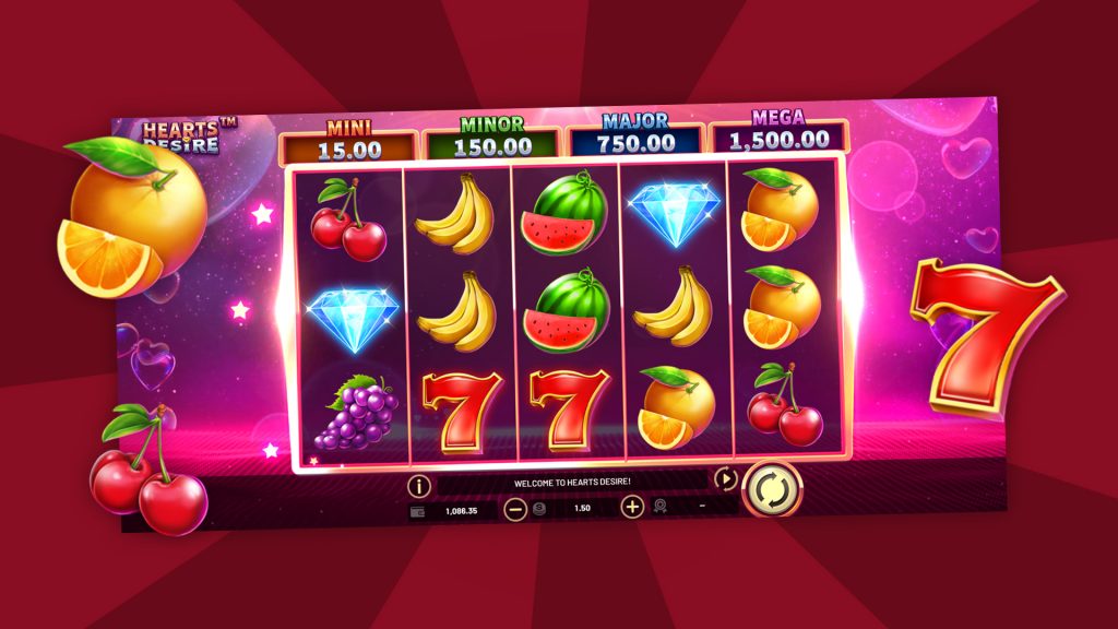 The reels in action from the Cafe Casino online slot, Hearts Desire. Fruit symbols and jackpots also feature.