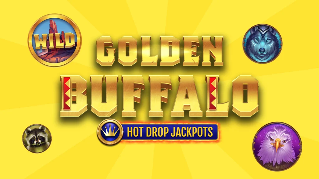 The game name “Golden Buffalo” is displayed in gold over a bright yellow background, with symbols of mystical animals and red rocks on either side. 