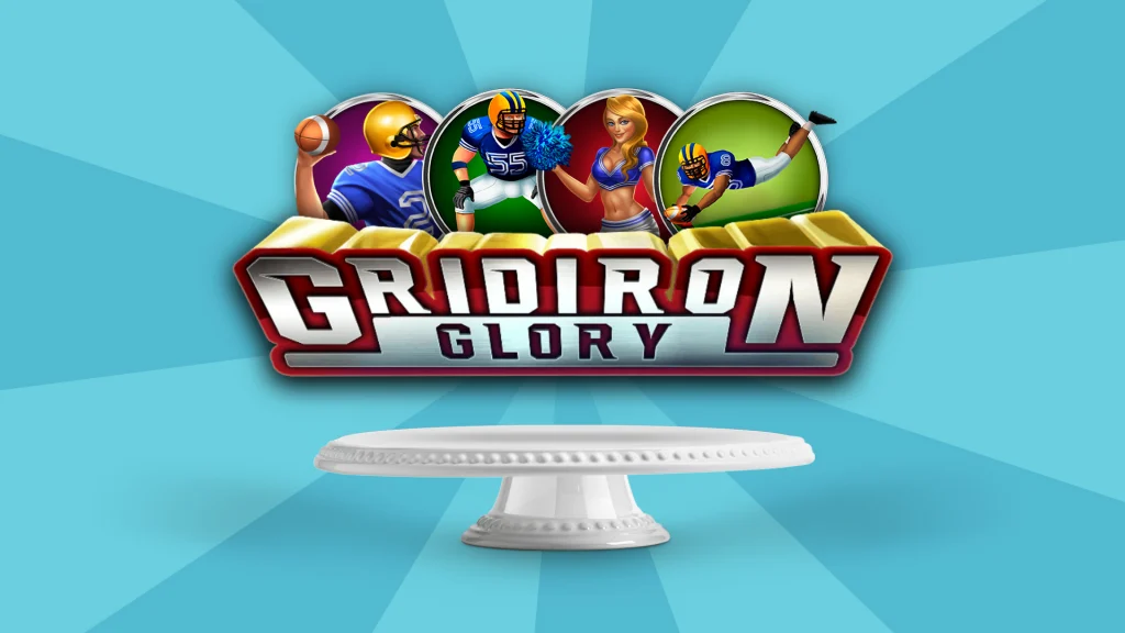 ‘Gridiron Glory’ is seen over an open white cake tray. Behind it, football players and a cheerleader are poised in mid-action. The whole thing is on a light blue background.