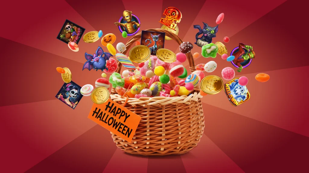 Slot symbols, coins, and Halloween candy burst from a full basket on a red background with an orange sign on the basket that says, “Happy Halloween.”