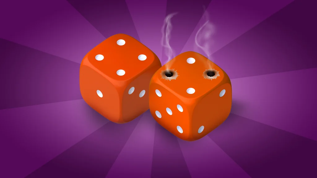 Smoke emerges from the two white dots of the “four” side of a pair of red dice, which are sitting on a purple background. 