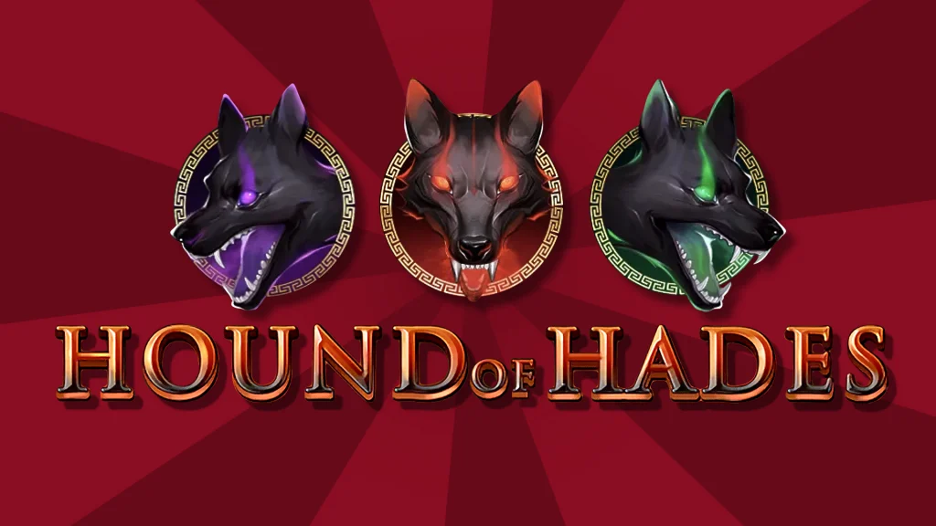 A dark red image shows the three heads of Cerebrus, glowing in purple, red, and green. Below the heads is the fiery red text that reads, “Hound of Hades.”