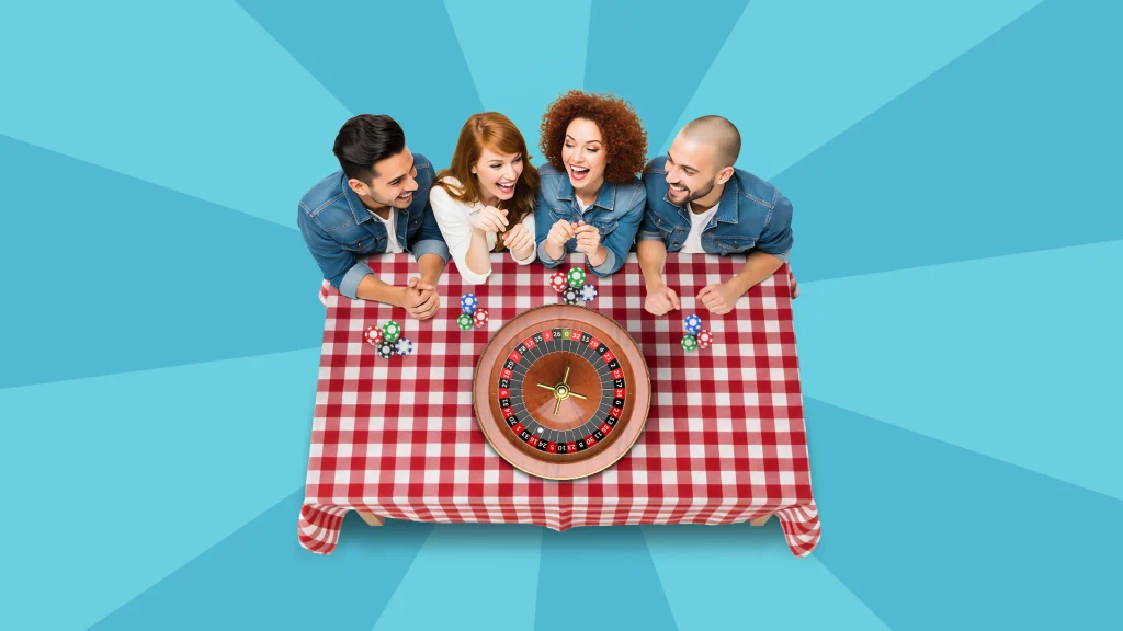 Four friends sit at a red and white tablecloth with betting chips and a roulette wheel, shown over a sky-blue background. 