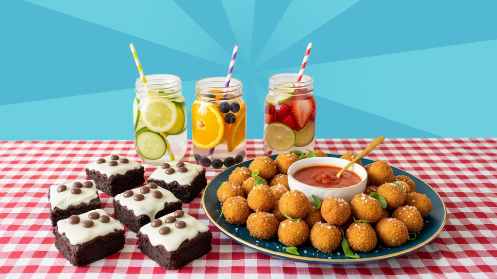 Dice brownies, mozzarella balls, and three glasses of fruity lemonade are on a red and white tablecloth with a light blue background. 