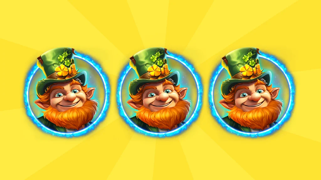 A line of three leprechaun faces within a glowing blue circle is spread over a bright yellow background. 