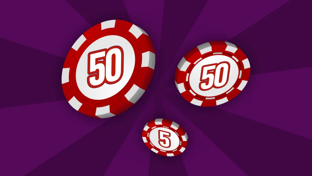 Red and white betting chips of 50, 50, and 5 are displayed on a dark purple background.