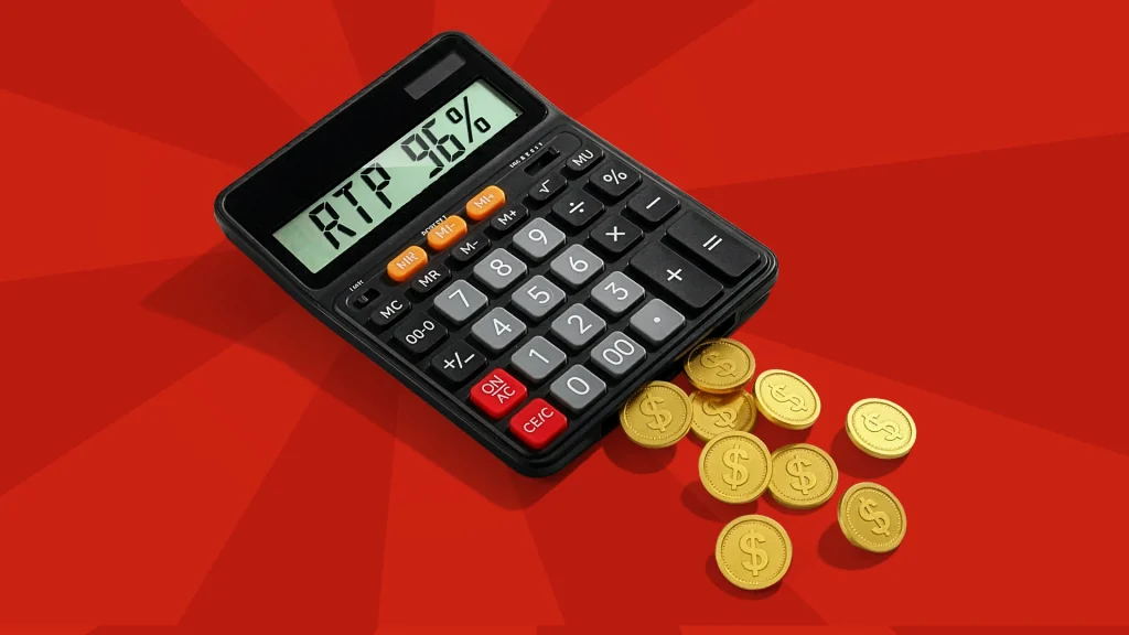 A black calculator shows “RTP 96%” on a red background with gold coins coming out of the bottom. 