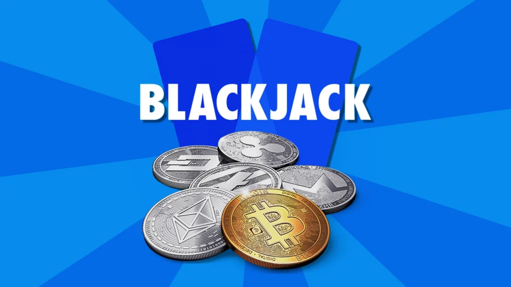 White text says, ‘Blackjack’ on a bright blue background, above silver and gold coins depicting different types of cryptocurrency. 