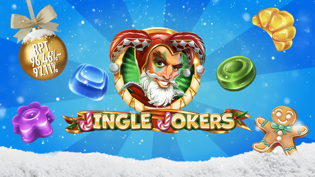 A joker in the center of a light blue image with a snow pile smiles mischievously amidst colored candies and a gold ornament that says “RTP 96.46% - 97.11%.” 
