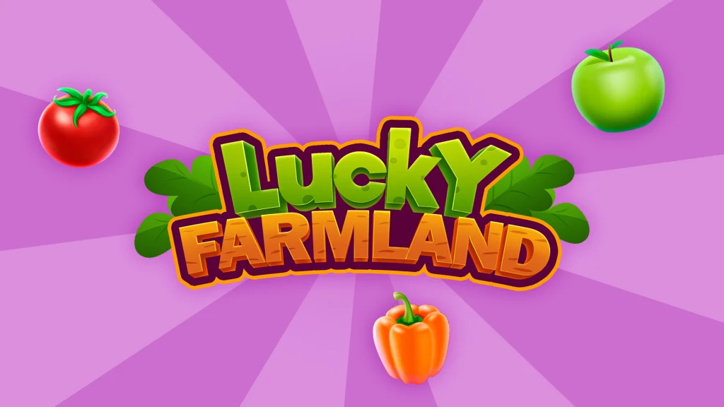 Bright logo for Lucky Farmland surrounded by playful farm produce including a tomato, green apple, and orange bell pepper on a light purple burst background